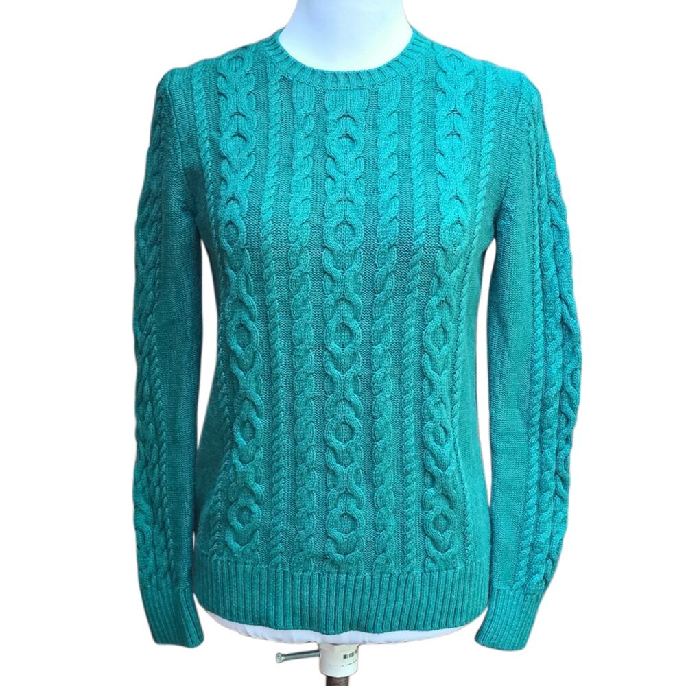 L.L. Bean Womens Green Cotton Cable Knit Crewneck Sweater Size S Cozy Pullover